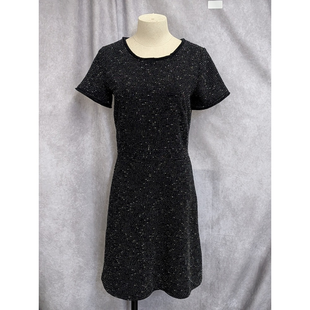 Loft Black Metallic Tweed Knit Fit Flare Dress Short Sleeve Size 2 C7
